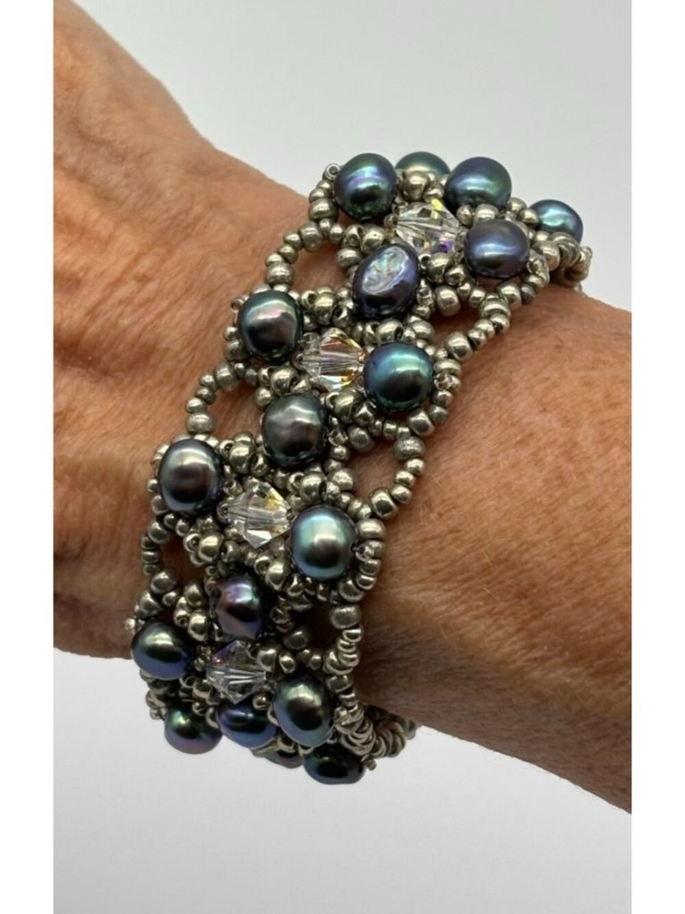 Artisan Made Freshwater Pearls Swarovski Crystals Cuff Bracelet Silver Tone OOAK